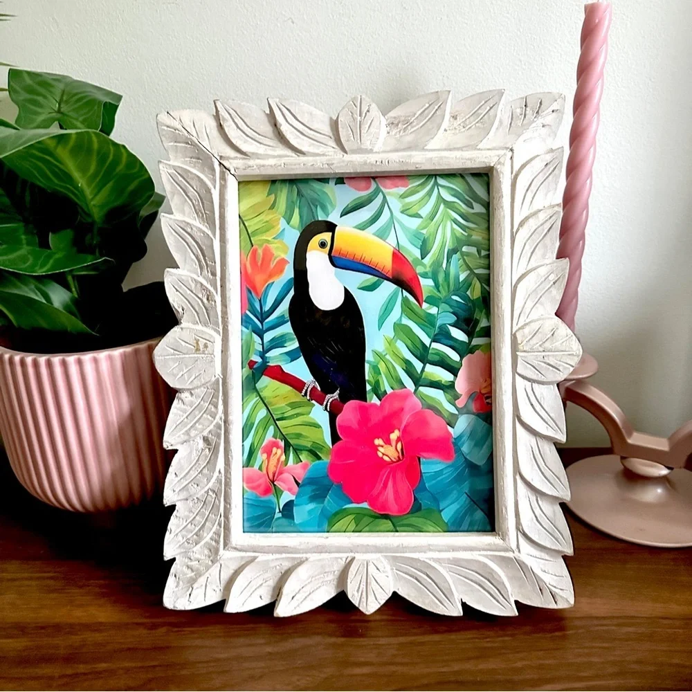 Toucan Canvas Art Print Wood Carved Leaf Frame Jungle Tropical Wall Art Floral